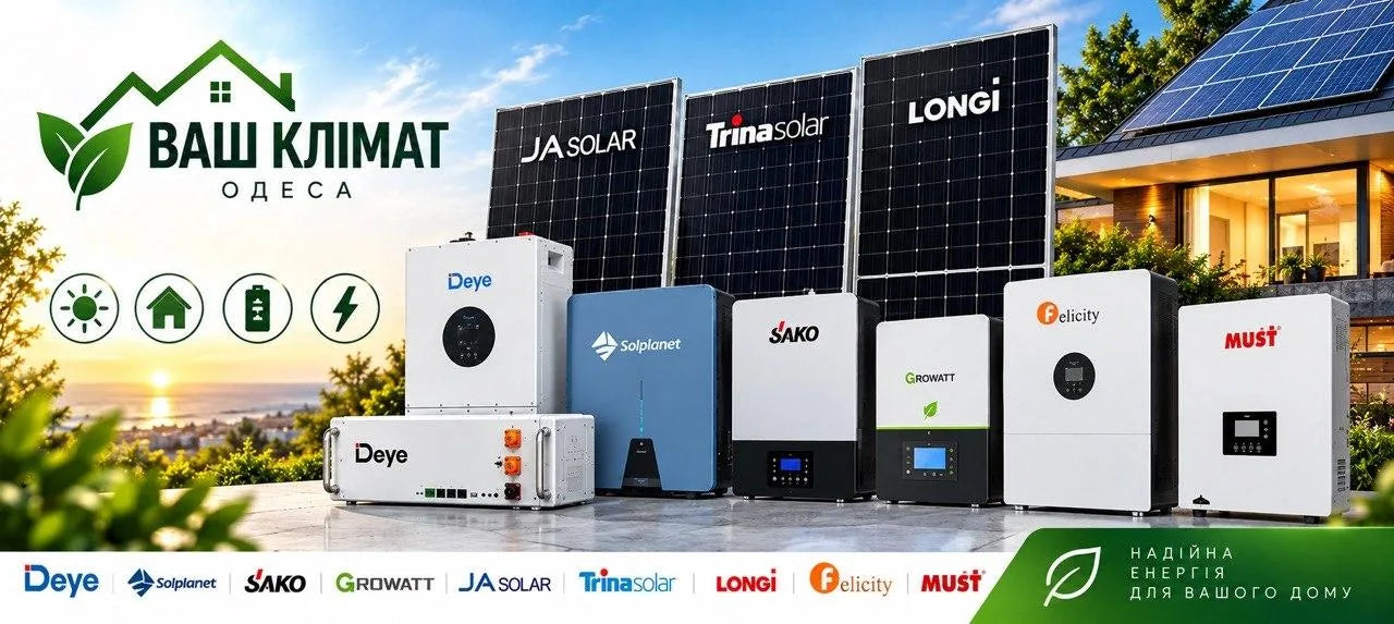 Сонячні панелі, інвертори та акумулятори Deye, Solplanet, SAKO, Growatt, Felicity, MUST, JA Solar, Trina, LONGi