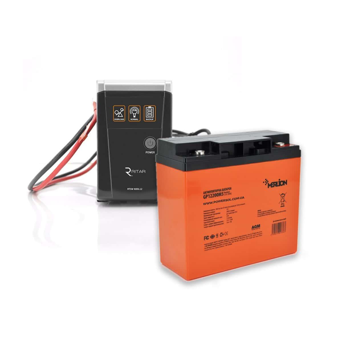 RITAR RTSW-600 LED UPS Kit with MERLION AGM 12V 60 Ah Battery