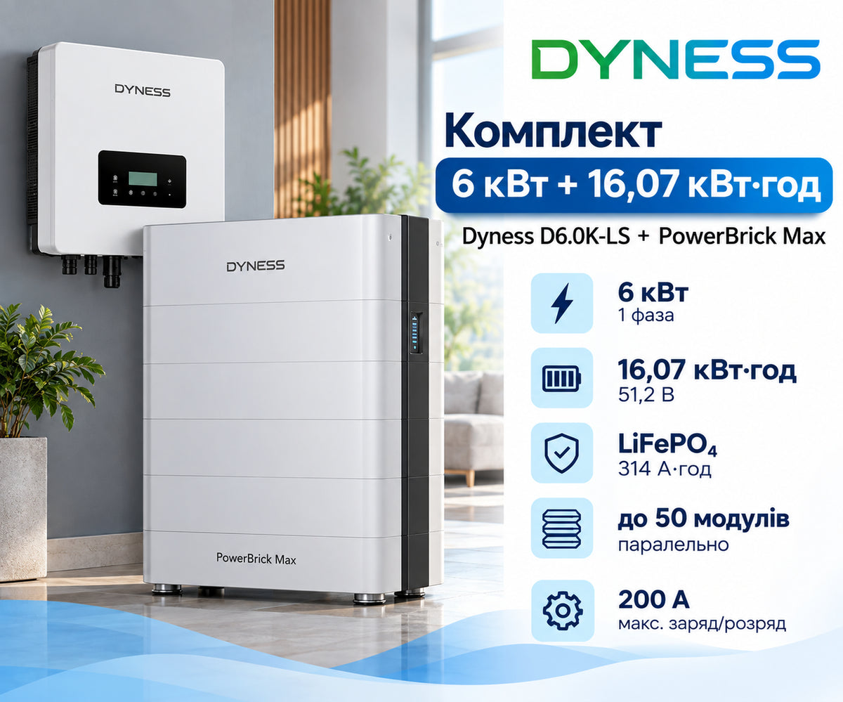 Готовий комплект Dyness D6.0K-LS (6 кВт), 1 фаза + АКБ Dyness PowerBrick Max  (16,07 кВт·год) 51,2 В LV